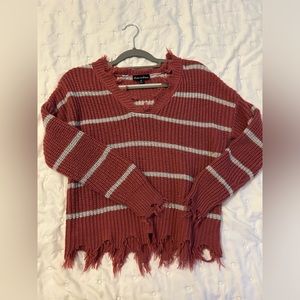 Dark Pink Striped Frayed V-Neck Sweater